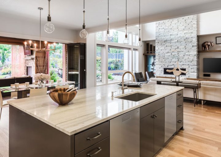 glass windows, kitchen faucet and drop down lights